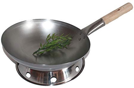 AAF Nommel ®, WOK SET, Pfanne 40 cm Ø runder Boden Carbon Stahl für Gasherd und Induktion Mulde + Wok Ring zum Abstellen des Wok