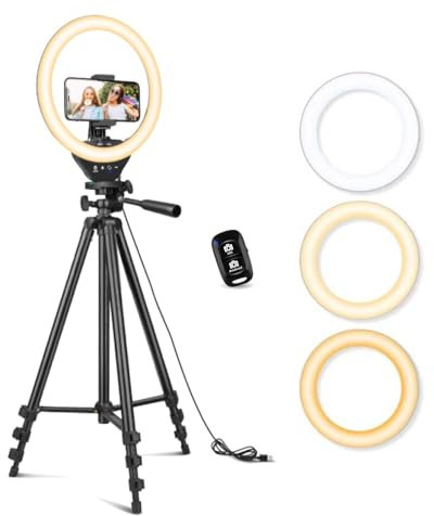 10'' Ring Light with 50'' Extendable Tripod Stand, Sensyne LED Circle Lights with Phone Holder for Live Stream/Makeup/YouTube Video/TikTok, Compatible with All Phones.