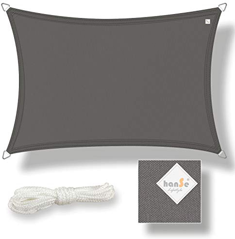 hanSe Sonnensegel rechteckig, Segeltuch Rechteck, 3x4m in Graphit, aus Polyester, wasserdicht, mit UV Schutz und Sonnenschutz, für Garten, Balkon und Terrasse