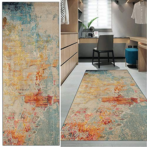 FKYUH Teppich Läufer Flur rutschfest Moderner Abstrakter bunter Stil Print Terrassen Teppich waschbar Anpassbare Größe