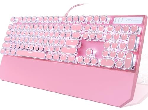 Camiysn Typewriter Style Mechanical Gaming Keyboard, Pink Retro Punk Gaming Keyboard with White Backlit, 104 Keys Blue Switch Wired Cute Keyboard, Round Keycaps for Windows/Mac/PC