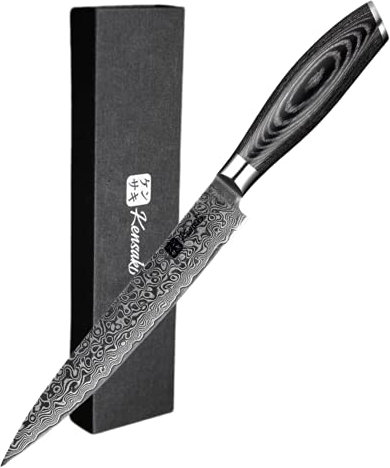 Kensaki Tranchiermesser aus Damaszener Stahl Küchenmesser Japanischer Art hergestellt aus 67 Lagen Damaststahl – Kuro Serie
