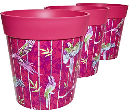 Hum Flowerpots, 22 cm, 3er-Set, in Verschiedenen Farben und Mustern, Blumentöpfe aus Kunststoff für Drinnen und Draußen, Rosa Papageien