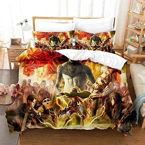 PTNQAZ Anime Attack on Titan Bettwäsche-Set für Jungen, 3D-Druck, Bettbezug mit Kissenbezügen, Kinder-Bettwäsche (Einzelbett, 1)
