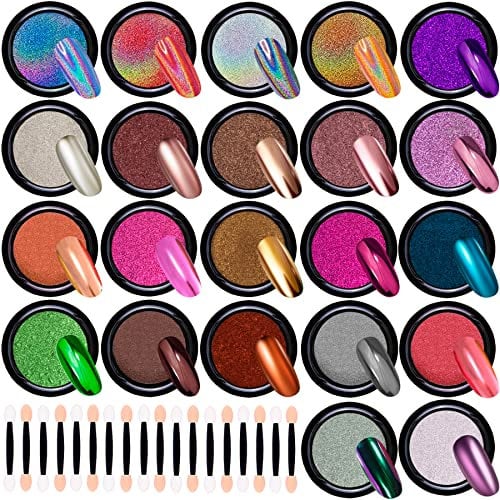 Duufin 22 Colours Nails Chrome Powder Set Chrome Glitter Powder Holographic Nail Powder Chameleon Powder Aurora Chrome Nail Powder with 22 Eyeshadow Pencils for Nail Art
