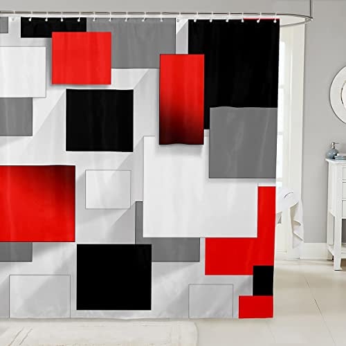 Loussiesd Schwarz Rot Grau Geometrie Duschvorhang 180x200cm Kinder Gitter Buffalo Check für Damen Herren Rechteckmuster Duschvorhang Textil Polyester Abstrakt Stoff Badezimmer Dekor
