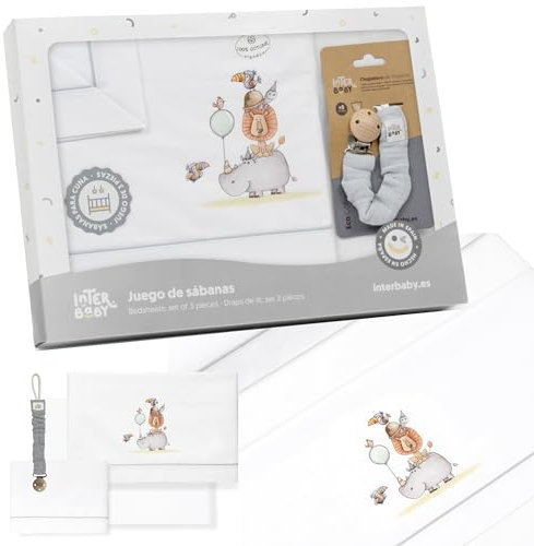 mibebestore Sabanas 100% Algodón Cuna 60X120 - Modelo 02 Color Blanco/Gris - (Bajera+encimera+Funda Almohada+chupetero) - Ideales para Primavera y Verano. Hechas en España