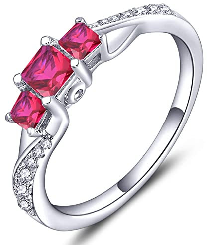 YL Verlobungsring 925 Sterling Silber Prinzessin geschnitten Juli Geburtsstein Rubin 3 Stein Ehering für Damen Braut(Größe 56)