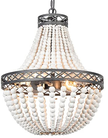 FIRVRE Lampadario a Sospensione Naturale in Legno Bohemien Con Perline, Vintage a Soffitto Antica per Camera da Letto, Giardino, Scala, Sala da Pranzo (Mini Bianco)