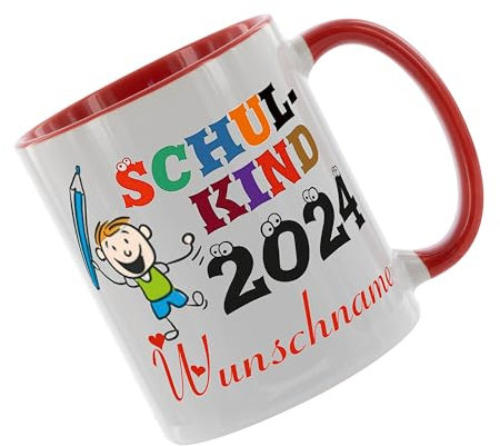 Crealuxe Kaffeetasse - Schulkind 2025 (Wunschname) - Einschulung Geschenke Tasse, bedruckte Keramiktasse, Tasse mit Spruch, Hochwertige Kaffeetasse, Tasse personalisiert mit Name (Rot)