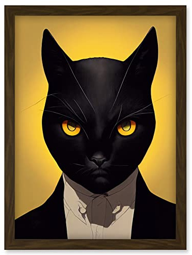 Doppelganger33 LTD Le Chat Noir Black Cat Tuxedo Yellow Portrait Artwork Framed Wall Art Print A4