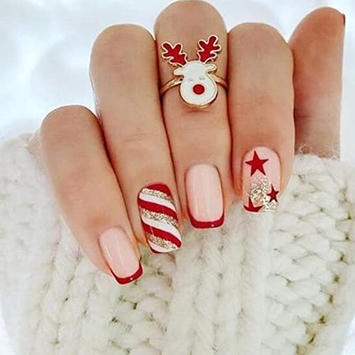 Vatocu Weihnachten Künstliche Nägel Kurz Nackt Rot Nägel Zum Aufkleben Sterne Linien Falsche Nägel Glitzer Acryl Press on Nails für Frauen und Mädchen (24 Stück)