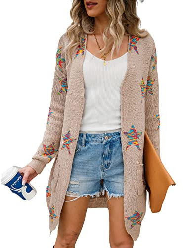 HEYPORK Damen Herbst Winter Warm Bequem Jacke Casual Mode übergangsjacke Mantel Frauen Herbst/Winter Langarm Midi Strickjacke Pentagramm Mode Strickjacke