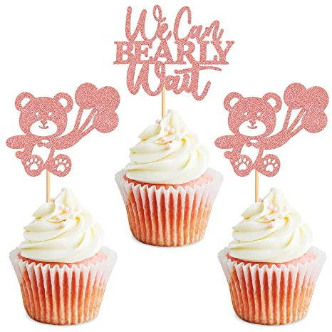 Blumomon 24Pcs We Can Bearly Wait Cupcake Toppers Glitter Bear Cupcake Picks Baby Shower Cake Decorations for Gender Reveal Theme Baby Shower Kids Birthday Party Supplies Rose Gold
