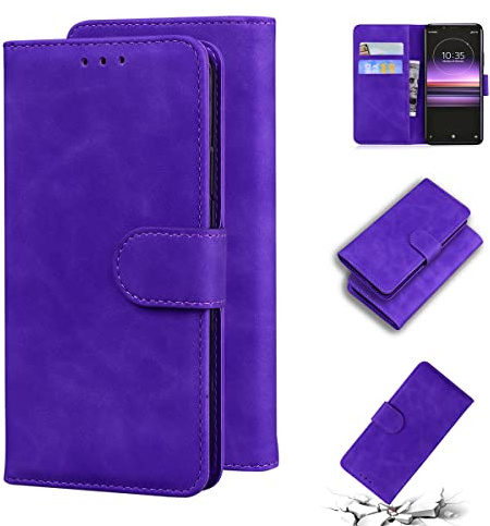 LMFULM® Case for Sony Xperia 1 J8110 J8170 J9110 J9150 (6.5 Inch) PU Leather Cover Magnetic Holster Wallet Shell Phone Protective Case Stent Function Flip Case Purple