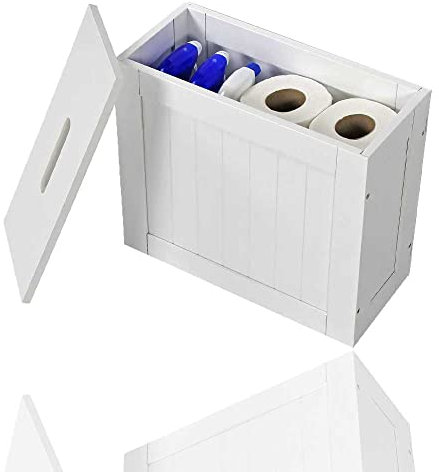 KHAPALWAK Wooden Bathroom Storage Box With Lid Compact Design Multipurpose Bathroom Storage Organizer For Toilet Rolls, Hand Towels & Other Cleaning Products_31 x 17 x 37cm (White)