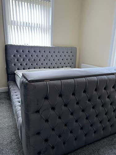 Stratus Interiors TV Bed Frame and Headboard | Double, King size, Super king | UK Handmade - Mattress Option Available | Steel Plush Velvet