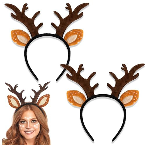 2 Stück Rentier Haarreif für Erwachsene und Kinder - Geweih Haarreifen Weihnachten Reh Accessoires Haarschmuck für Kostüme Zubehör Cosplay Karneval Party