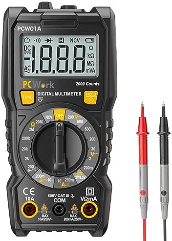 PCWork Multimeter Digital Einsteiger PCW01A, Digital Multimeter, Großes Display 2000 Counts, CAT III 600V, Strommessgerät, Spannungsmessgerät, Durchgangsprüfer,KFZ Multimeter, Stromprüfer