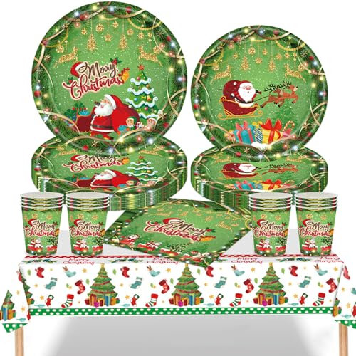 Christmas Party Green Tableware Set - 20 Napkins, 16 Cups, 7in & 9in Plates, 1 Tablecloth - Disposable Paper Dinnerware Xmas Decor for Kids & Adults