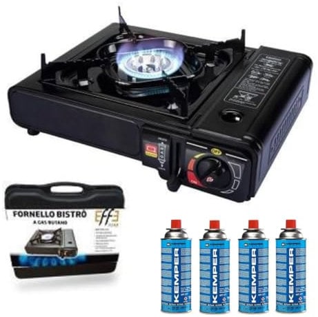 Fornello da campeggio a gas, doppio attacco Bombola GPL o cartuccia Gas Butano, con valigetta portatile, 4 cartucce Incluse, 1 fuoco, potenza 2.200W, fornello outdoor cucina per esterno