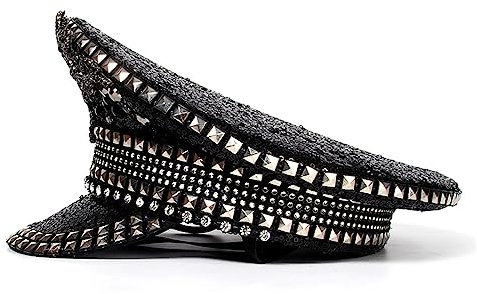 KieTeiiK Kapitän Hut mit Strasssteinen, schwarzer Kristall-Pailletten, flacher Kapitänsmütze, Marine-Chauffeurhut für 56–60 cm Kopf, Disco-Steampunk-Hut für Hochzeit, Party, Halloween, Geschenke