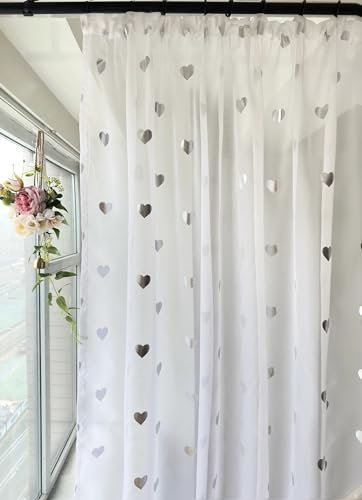 Devola Gardine mit Glanzdruck Transparent Vorhänge Voile Gardinenschal Wohnzimmer Gardinen Sterne Kinderzimmer Schiebevorhänge Modern HxB 245x140cm Herzmuster mit Kräuselband 1 Stück