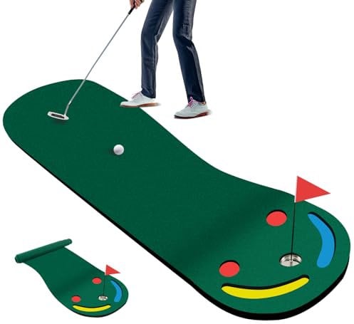 COSTWAY Golf Putting Green Set, Par Three Putting Mat with 3 Putting Cups, 1 Flag and Golf Hole Covers, Indoor Outdoor Putt Green Carpet for Golf Putting Practice