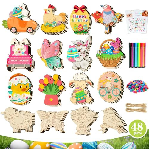 WEVOL Ostern Basteln kinder Holzanhänger, 170 Stück Ostern zum Bemalen Ostereier Anhänger Holz Ostern Deko, Bastelset Dekoration DIY Osterhase Osterdeko mit Malstift, Glöckchen, Strassaufkleber