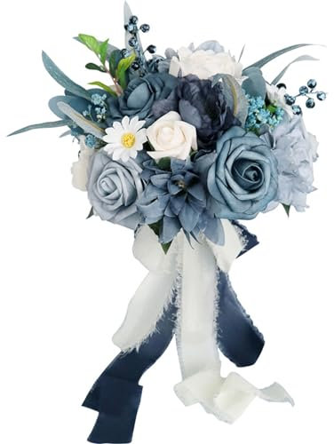 Fouriding Hochzeit Braut Blumenstrauß,Künstliche Hand Blumen Rosen Brautstrauß Brautjungfer für Zeremonie Jahrestag Partei Braut Dusche Dekoration Hochzeit Sträuße (Blau)