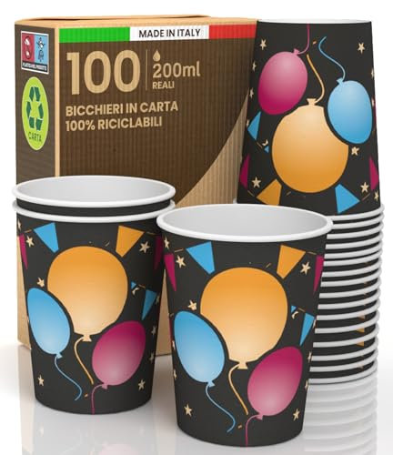 100 Bicchieri in Carta 200ml Made in Italy Ecologici Biodegradabili Monouso da Asporto Bevande Calde Acqua Colorati Fantasia BLACK PARTY - Prodotto e Confezionato in Italia