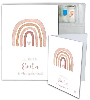 Minilino personalisierte U Heft Hülle 3-teiliges Premium Set für Impfpass & U-Heft [ SCHÜTZT WICHTIGE DOKUMENTE ] Organizer für Untersuchungsheft (Regenbogen rosa)