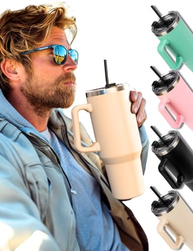 MOMO WAY Tazza termica da viaggio con cannuccia, con coperchio, per bevande fredde e calde da portare in viaggio, tazza termica grande, 1200 ml, beige