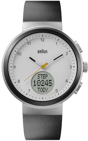 Braun analoge Quarzuhr mit digitaler Anzeige mit Kalender und Schrittzähler, weißes Zifferblatt und schwarzes Silikonkautschukarmband, 45 mm Edelstahlgehäuse, Modell BN0299PWHBKG
