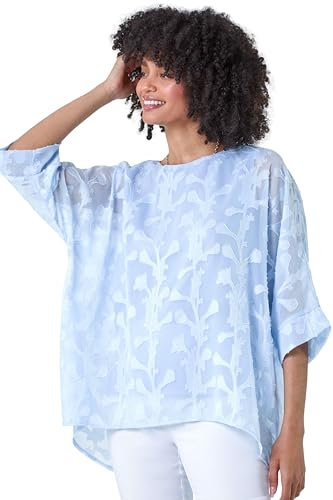 Roman Overlay Top for Women UK - Ladies Summer Blouse Spring Everyday Holiday Autumn Work Winter Round Neckline Comfy Pull-On Soft Vacation 3/4 Length Sleeves - Blue Ivory - Size 12