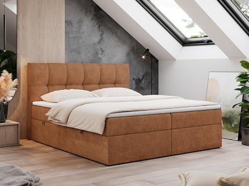 MKS MEBLE Boxspringbett 140x200 mit Bettkasten Orange Stukture, Bett mit Matratze H3 Topper, Polsterbett 140x200 mit Bettkasten Kopfteil, Boxspringbett mit Matratze H3, RICO Orange Stukture