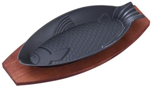 Luxylei Steak Fry Plate Fish Shaped Grill Pan Cast Iron Skillet Hot Plate Camping Griddles Cookware with Wooden Base for Restaurant
