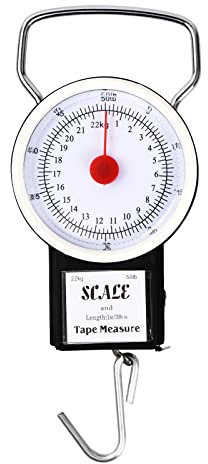 Gudalea Bilancia a molla, bilancia manuale per bagagli, bilancia da pesca, senza batteria, 2 in 1, con metro a nastro da 1 m, fino a 22 kg