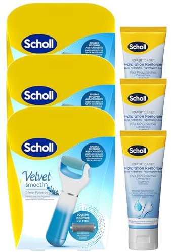SCHOLL Velvet Smooth - Lot de 3 Packs Râpe Electrique Bleue Anti-Callosités Pieds + Crème Pieds Hydratante Adoucissante 75ml