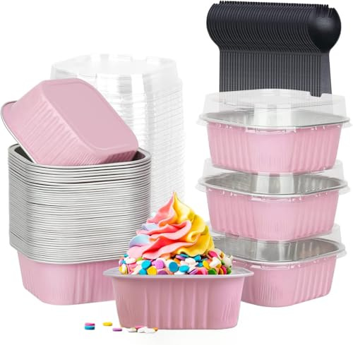 50Pcs Mini Cake Baking Cups with Lids and Spoons, 150ml Square Aluminum Foil Baking Pans with Lids and Spoons, Tart Pie Cake Containers for Bread Dessert Wedding Birthday Picnic Party ((Pink Silver))