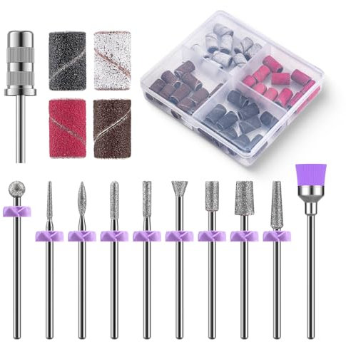 MelodySusie Nail Drill Bits, 10Pcs Diamond Sanding Bit Set with 40pcs Sanding Bands (#120#180#240 Grits) with 6.65mm Mandrel Bit, Nail Gel Polish Remover Tool for Acrylic Nails Manicure Nail Prep