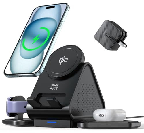Minthouz 3-in-1 iPhone Ladestation mit Qi2 Zertifizierung & 15W Schnellladung,Induktive Ladestation Kompatibel mit Magsafe Ladegerät, für iPhone 16/15/14/13 Series/Apple Watch/AirPods –35W PD Netzteil