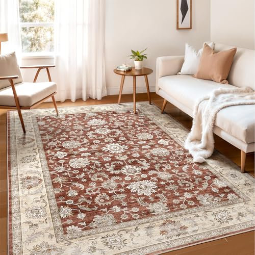 WITSHOCK Teppich Wohnzimmer 152x213 cm: Waschbarer Boho, rutschfest, Kurzflor, Vintage Schlafzimmer, Teppich Küche Flur Esszimmer für Kinder & Haustiere Geeignet-Rot