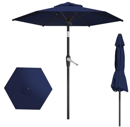 AreShark Sombrilla redonda de 7.5 pies para mesa de mercado con inclinación y manivela, sombrilla redonda resistente para exteriores, jardín, terraza, patio, piscina y playa, azul marino