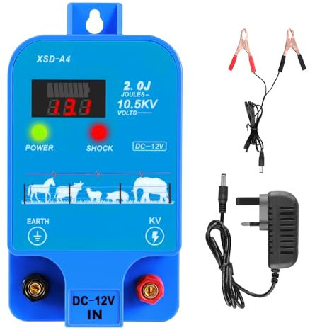 12V Electric Fence Energiser,2.0 Joules High-Power Output Energizer with LED Display,10km Range,Electric Fence Charger to Protect Poultry and Livestock,For Horses and Other Animals