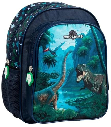 Kinder Jungen Rucksack Kinderrucksack mit coolem Dinosaurier Dino T-Rex Motiv, mit zwei großen Fächern, Fronttasche und seitlichen Getränkenetzen, 29 x 24 x 14 cm, blau