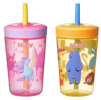Nuby Sip It Swirler Cup - Toddler Beaker with 360° Straw | Spill-Proof | 420ml / 14oz | Suitable from 18 Months | Pack of 2 (Pink & Yellow)