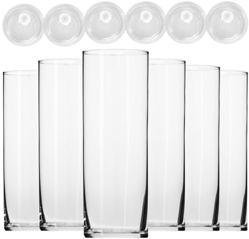 16oz Highball Glasses Set of 6 with Lids, Thick Lab-Grade Borosilicate Glass, Dishwasher Microwave Freezer Safe, Includes Glass Cleaning Brush, Lead-Free for Iced Coffee, Juice (6 PCS with lids)