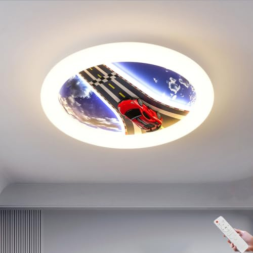 AoLa LED Deckenleuchte Kinderzimmer Sportwagen Rot Deckenlampe Dimmbar mit Fernbedienung Jungen Mädchen Runde Nachtlicht 55W Modern Babyzimmer Deko Lampe Decke 3000K-6500K für Kindergarten Geburtstag