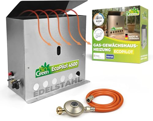 Bio Green Gas-gewächshausheizung EcoPilot, 4500 Watt, Silber, Thermostat-Regelbereich: 0° – 20° C, Edelstahl, Outdoor, Gas, 38x17x40 cm, für Gewächshäuser bis 22m², Bodenmontage